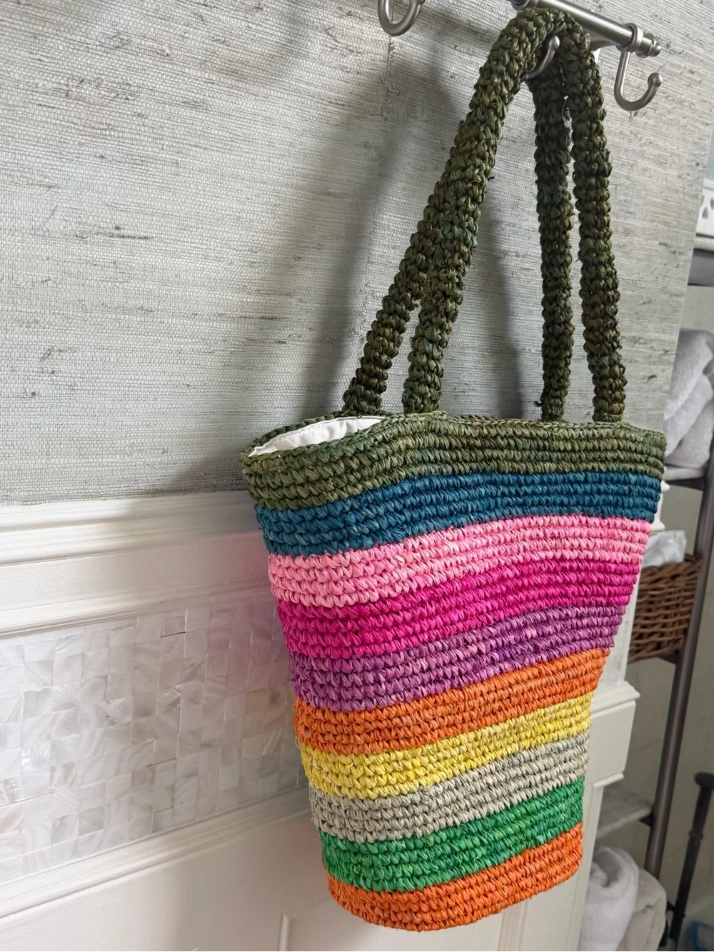 New anthropologie sunshine tienda Bermuda pool tote bag rainbow straw stripe